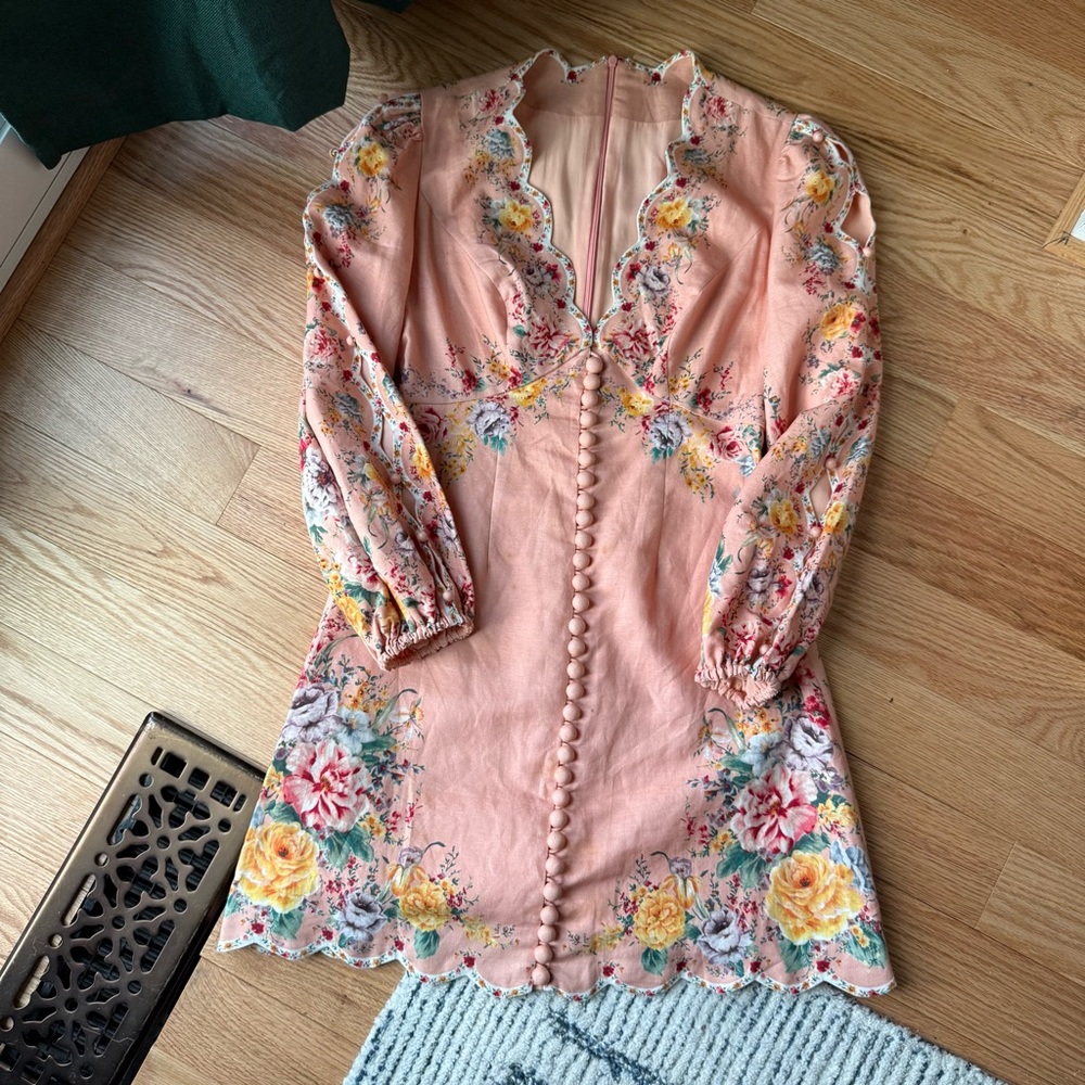 Zimmermann Zinnia Scallop Mini Dress Pink Floral Long Sleeve Linen - Size XS - Picture 4 of 15